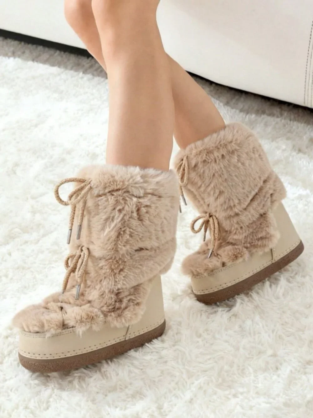 Apricot Cute Women's Lace-Up Fuzzy Fluffy Round Toe Platform Slip On Snow Boots